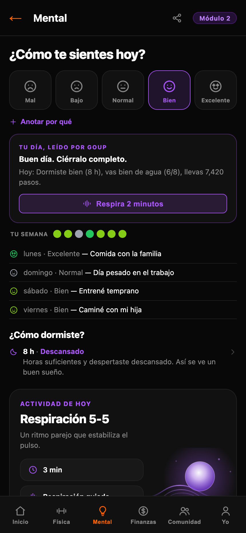 Pantalla Mental: cómo te sientes hoy y la lectura del día