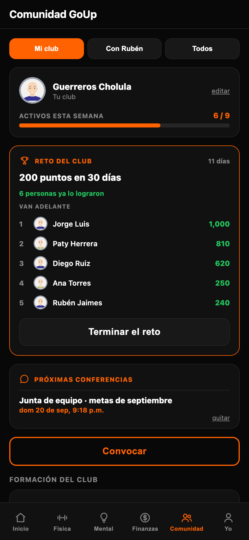 Club: reto del mes y tabla de posiciones